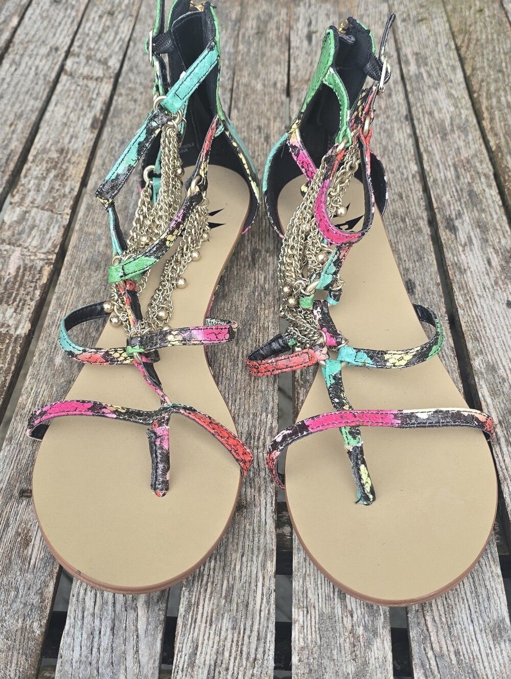 LFL by Lust for Life Multicolor Strappy Gladiator Sandals with Gold Chains